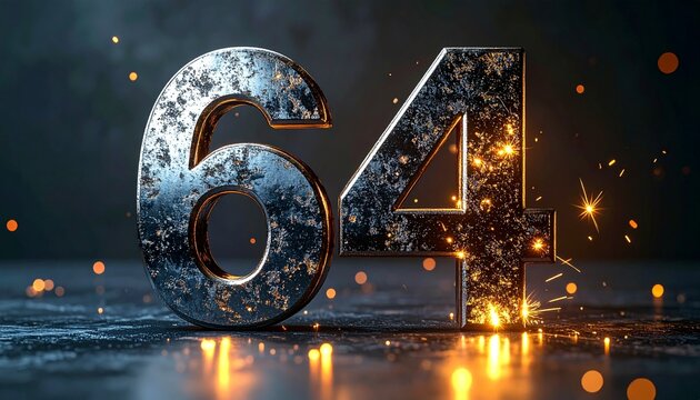 A large metallic number sixty-four with sparks and lights on a dark surface