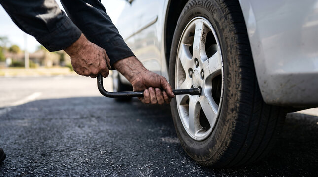 Rugged hands holding a heavy-duty tire iron tool to loosen lug nuts on a car wheel on the asphalt street side during an emergency breakdown roadside repair