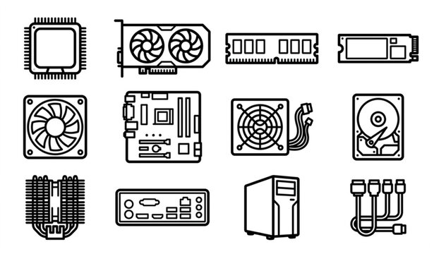 Computer hardware icons vector set bold line art PC component engineering black and white