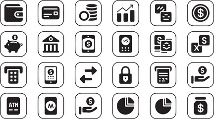 Fototapeta premium Simple black and white vector illustration set featuring various finance and banking themed UI icons