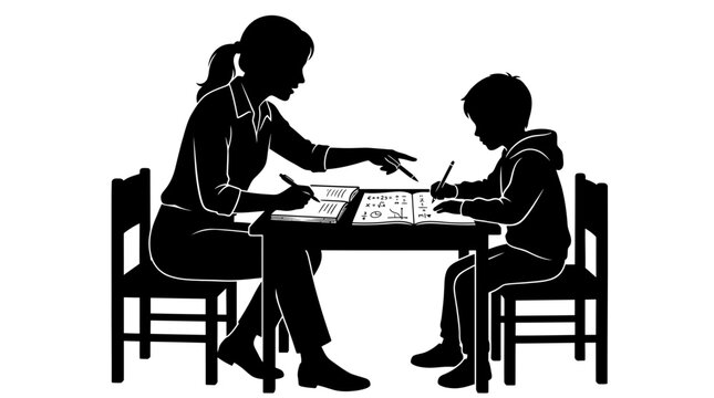 Woman teaching a young boy.