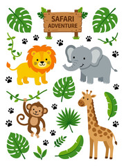 Naklejka premium Wildlife Safari Adventure with Lion, Elephant, Monkey, and Giraffe in Tropical Jungle Environment