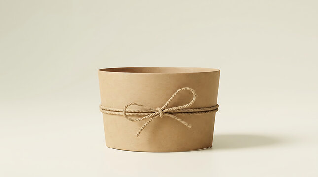 A simple round brown paper container wrapped with natural jute twine tied in a small bow