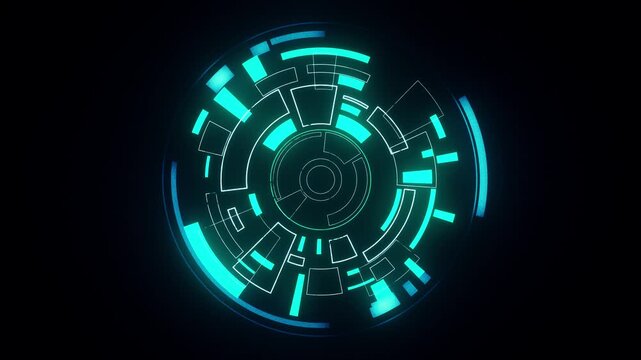 Futuristic HUD circle interface glowing neon cyan on black background.