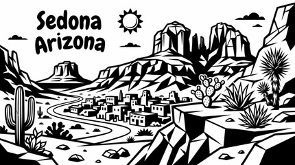Sedona city for lesser known American destinations, desert landscapes, travel designs, and Southwest culture themes. Black and white sketch style featuring red rock scenery, local architecture © samira