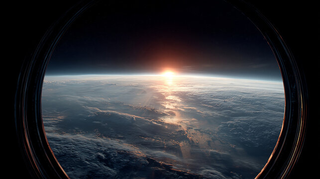 Earth sunrise from space, spaceship porthole view, planetary horizon. earth, sunrise, space, spaceship, porthole, view, orbital, planet, horizon, deep-space, cosmic, sci-fi, window