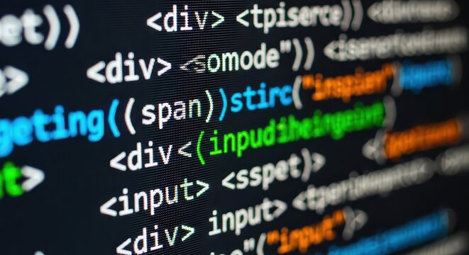 Close-up of Colorful Computer Programming Code on Screen with HTML and Script Tags for Web Development Concept