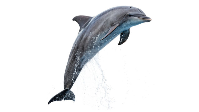 Playful wild grey dolphin jumping actively from water splash isolated on transparent background