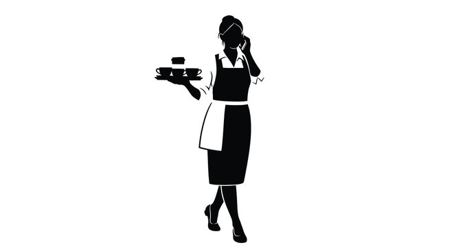 Waitress Holding Tray And Phone Black Silhouette server woman female