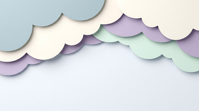 Layered paper cutout clouds in pastel shades of blue, purple, green, and cream on white background