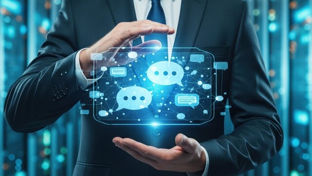 Businessman Holding Holographic Communication Network Interface