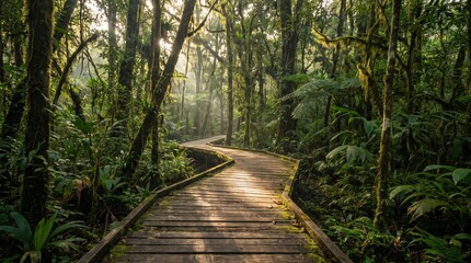 Fototapeta premium Boardwalk winds through the lush greenery of a dense tropical rainforest during the early morning hours.