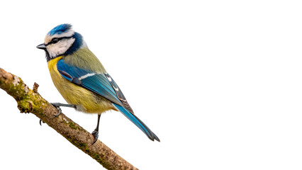 Beautiful small wild Eurasian blue tit bird sitting on branch isolated on transparent background © Olga