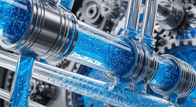Industrial machine with transparent pipes carrying flowing blue bubbly liquid. Surrounded by silver metal parts and gears, blending tech and industry.