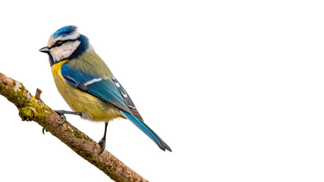 Beautiful small wild Eurasian blue tit bird sitting on branch isolated on transparent background