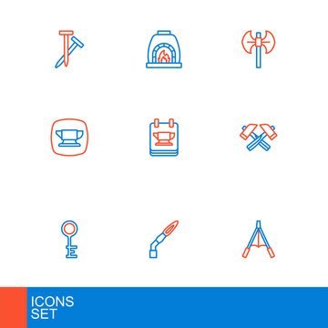 Set line Air blower bellows, Welding torch, Old key, Crossed hammer, Blacksmith anvil tool, Medieval poleaxe and oven icon. Vector