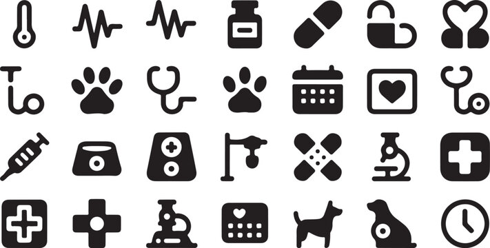 Black and white vector illustration set featuring various essential veterinary medicine icons and clinical symbols