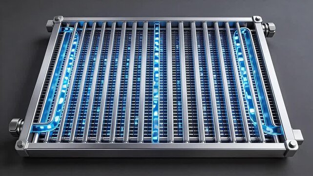 Metallic grid with glowing blue lights