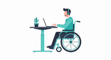 Fototapeta premium Man in Wheelchair Working on Laptop with Headset - Flat Vector Illustration of Inclusive Workplace and Professional Accessibility