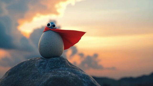 Whimsical balanced pebble character with googly features and a tiny red superhero cape perched on a rocky summit at sunset in a funny inspirational scene