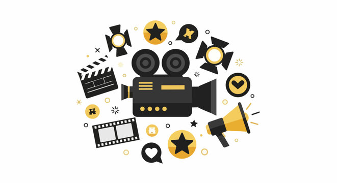 Cinema and Video Production Concept Illustration with Movie Camera, Clapperboard, and Filmmaking Icons on White Background