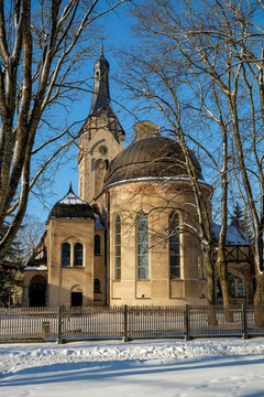 Old ancient Dubulti Lutheran Church architecture in winter Jurmala Latvia