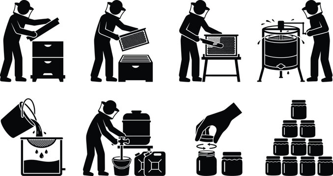 Beekeeping and honey production process silhouette icons set with apiary workers harvesting and packaging honey