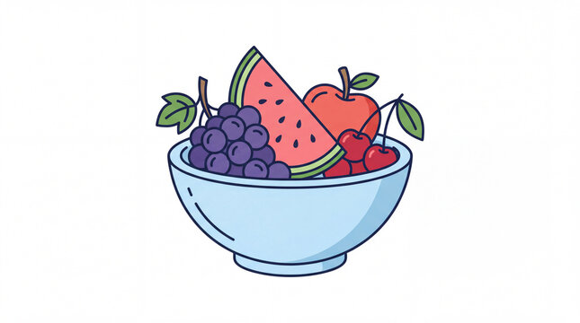 grape, watermelon piece and apple, charry Fruit Salad isolated white background in bowl icon line vector illustration