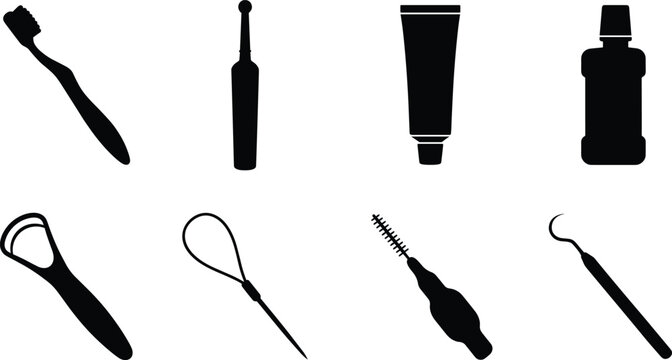 Dental care and oral hygiene icon set featuring toothbrush toothpaste mouthwash and cleaning tools silhouettes