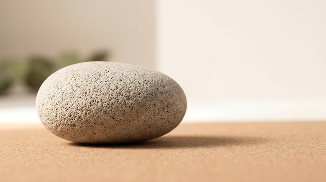 A single smooth gray pebble resting on a textured cork surface with soft natural side lighting