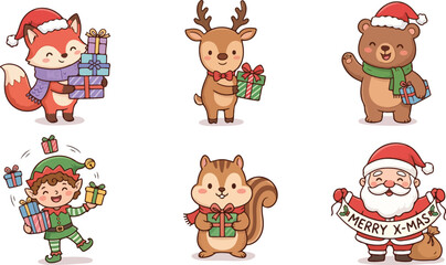 Obraz premium Christmas animals and characters holding gifts
