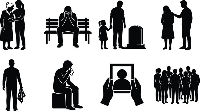 Grief and funeral vector silhouette icon set featuring mourning people grave headstone and comforting family members