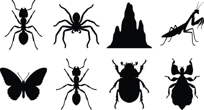 Insect and bug silhouette icon set featuring ant spider praying mantis anthill and butterfly vectors
