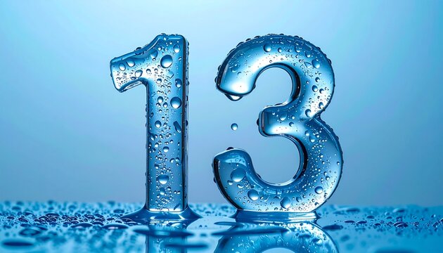The number thirteen made of ice sits in water with droplets.