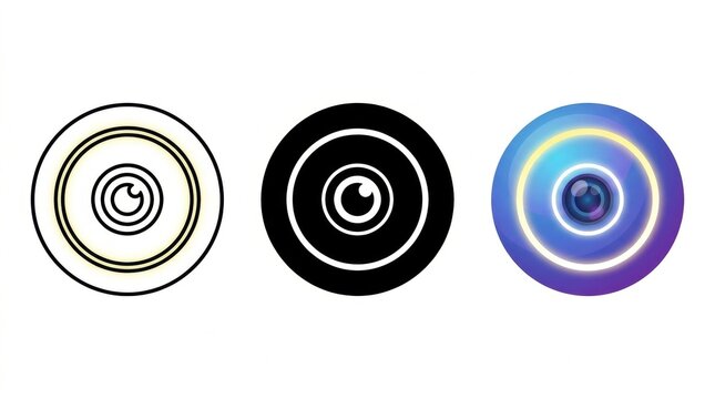 Three Abstract Eye Icons: Three stylized circular icons, each featuring an eye-like pupil within concentric rings, representing vision, perception.