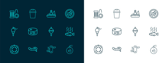 Set line Speaker mute, Inflatable boat with motor, Fishing float, Swiss army knife, Canned fish, Fisherman, Spinning reel for fishing and bucket icon. Vector © Iryna