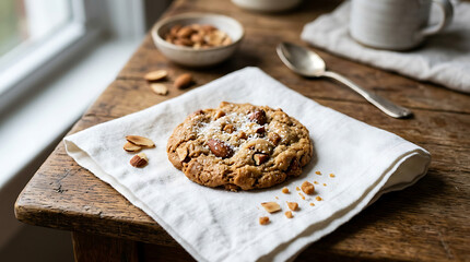 Fototapeta premium A delectable almond butter crunch cookie rests on a white napkin, surrounded by scattered almonds and crumbs on a rustic wooden surface.