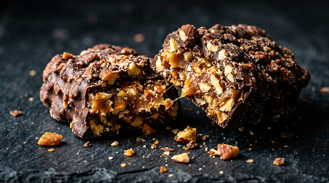 Close-up of a decadent chocolate almond caramel bar broken in half on a dark textured surface