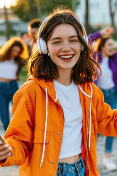 Young woman dancing joyfully in park wearing wireless headphones and orange jacket
