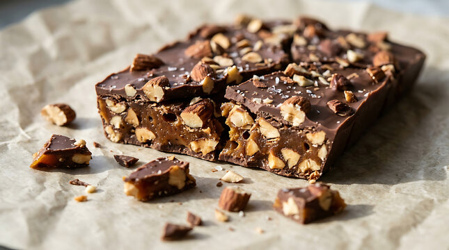Rich Chocolate Almond Toffee Bar with Crunchy Nut Clusters on Rustic Paper