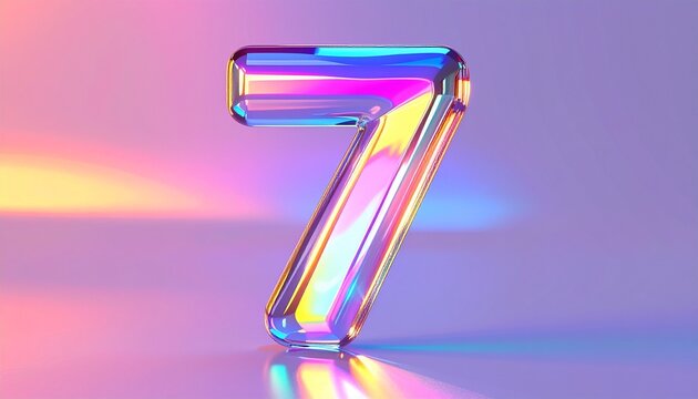 A shiny number seven glows with rainbow colors on a reflective surface