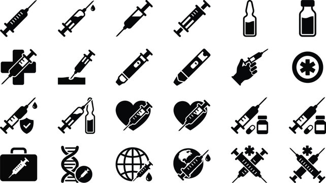 Black silhouette medical icons set including syringes, vaccines, and health symbols on white background