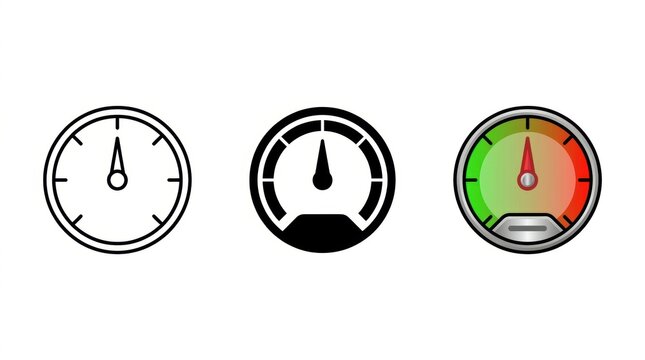 Speedometer Icons: A set of three speedometer icons in different styles: an outline, a solid black graphic, and a colored gauge showing a reading.