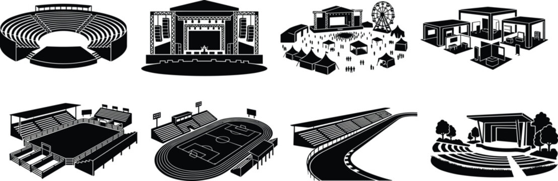 Entertainment Venue and Stadium Silhouette Icons Set with Arenas Theaters and Event Spaces