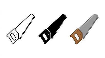 Fototapeta premium Saw Collection: A collection of three hand saws, each in a different style, including an outline drawing, a silhouette, and a realistic illustration.