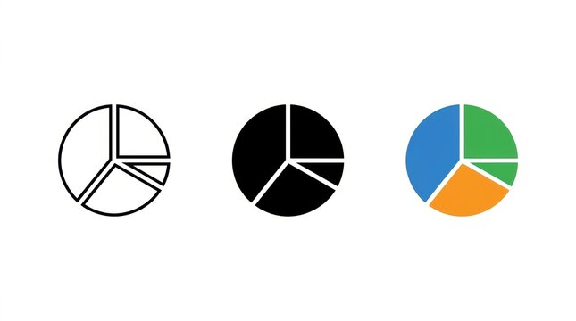 Pie Chart Collection: A set of three pie charts showcasing different visual representations, including an outline, solid black, and a colored version, ideal for data visualization and presentation.
