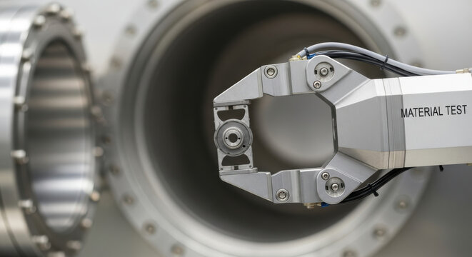 Robotic arm performing material test in nuclear fusion research facility with advanced technology and precision engineering