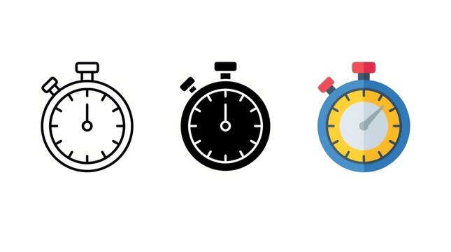 Stopwatch Icons: A collection of three distinct stopwatch icons, showcasing a line art, a silhouette, and a colorful flat design, symbolizing timekeeping and measurement.