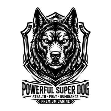 A powerful dog illustration showcases a wolf's head with shield and text on a white background emphasizing stealth and dominance.