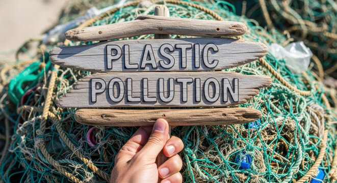 Plastic pollution sign held over fishing net highlights ocean health preservation efforts to protect marine life and environment from waste damage